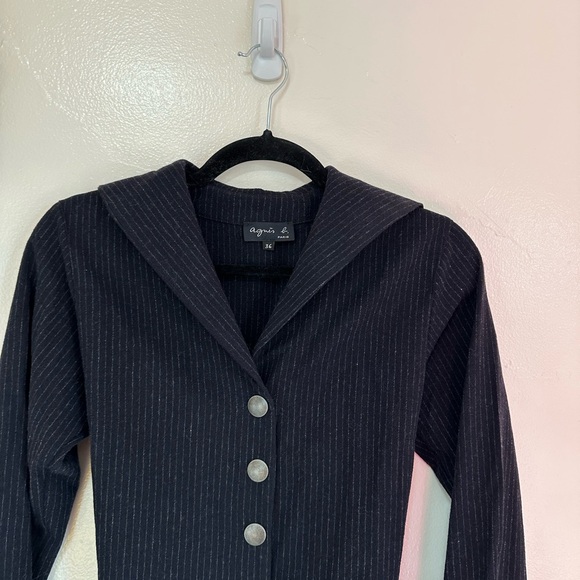 Agnes B Wool Blend Navy Pinstripe Snap Front Sweater, Tie Waist, US Size 4 - Picture 7 of 11